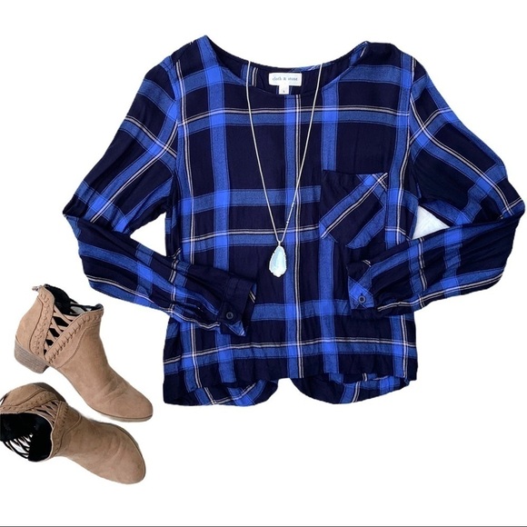 Cloth & Stone Anthropologie Super Soft Blue Plaid Lace Back Blouse Small - Picture 1 of 14